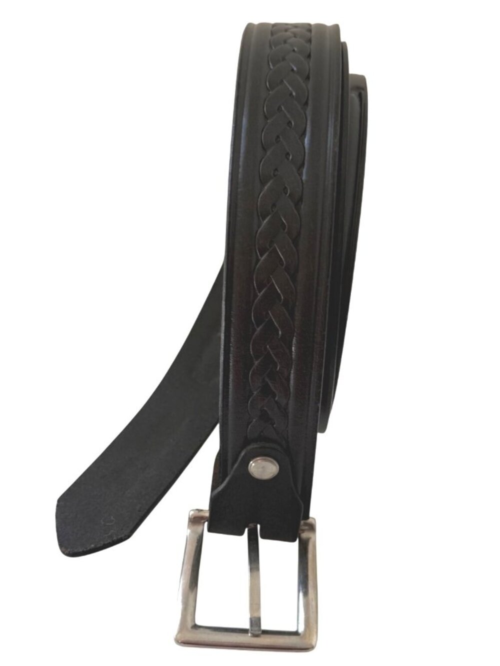 Key West Mens Black Leather Braided Belt Made In Italy 46" With Polished Silver
